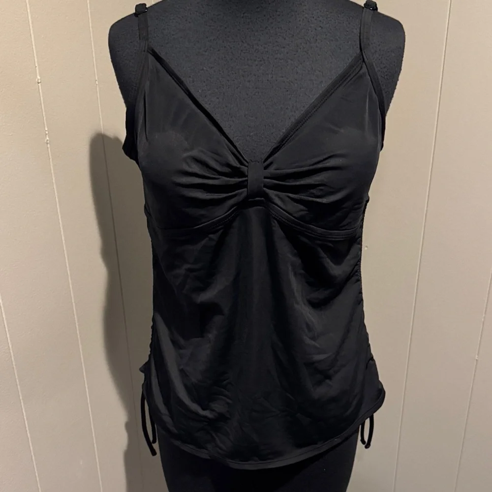 B14 Black tab gathered center bodice drawstring sides tankini long swimsuit top. - Picture 1 of 4